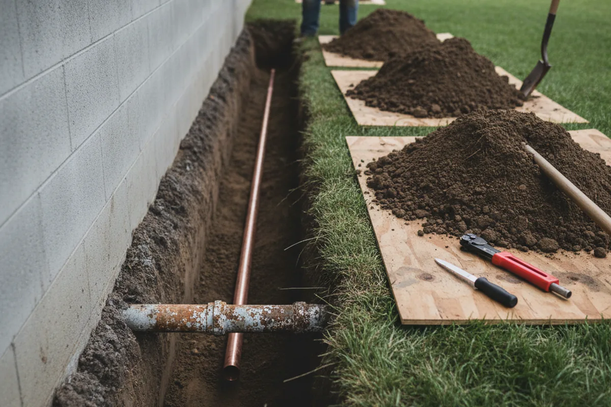 Excavated water line trench during Sewer Line Repair in Maxwell